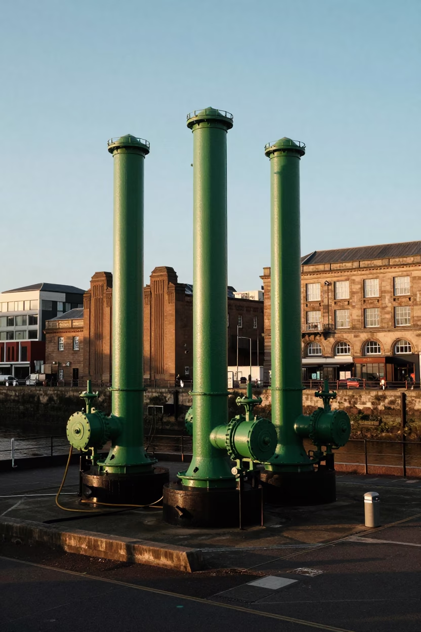 Golden Hour Light on Bristol Harbor Sewage Pumps and Historic Architecture in in Bristol, United Kingdom