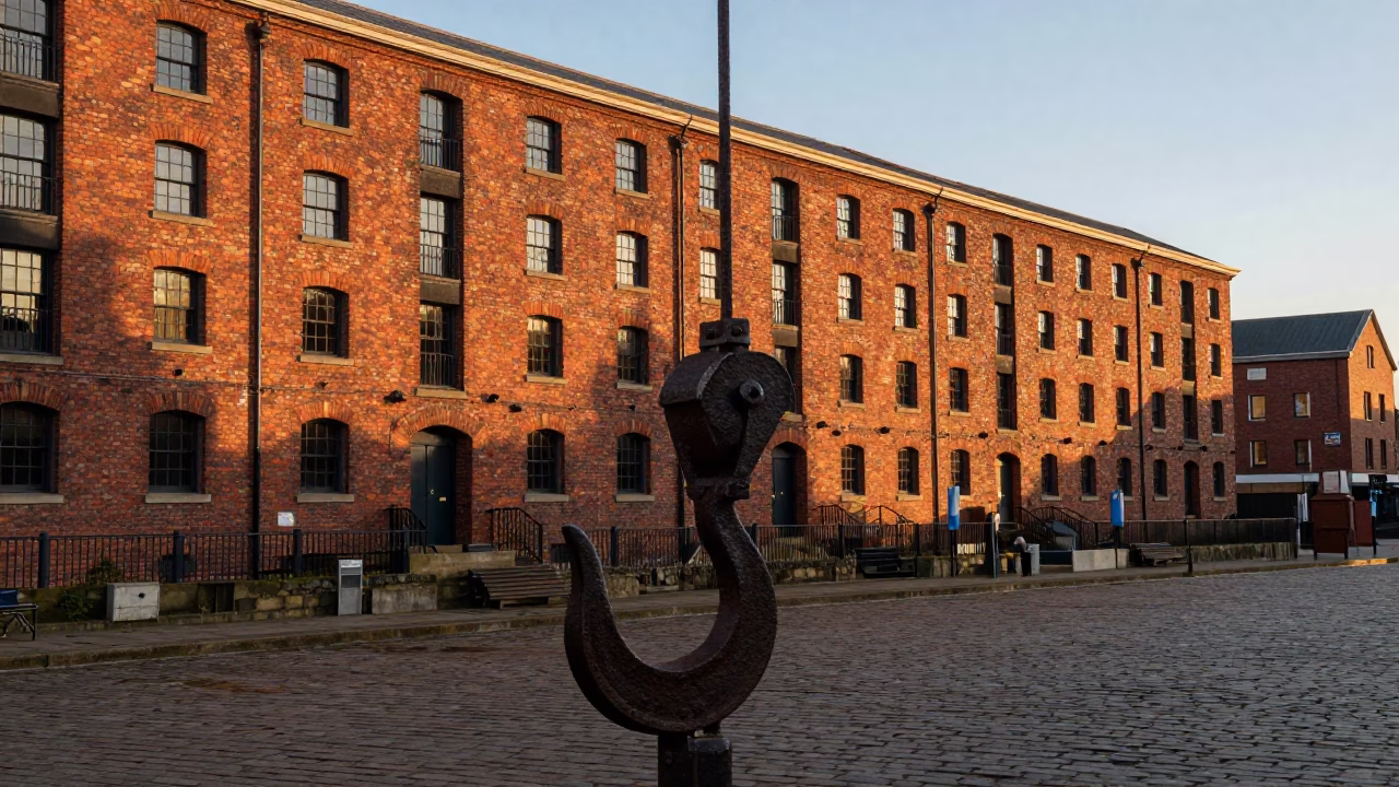 Golden Hour Light on Bristol Harbourside Historic Brick Warehouses and Iron Fixtures in in Bristol, United Kingdom
