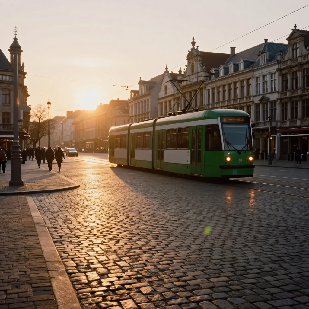 Golden Hour Light on Brussels Cobblestones with Traditional Tram and Historic Architecture in in Brussels, Belgium