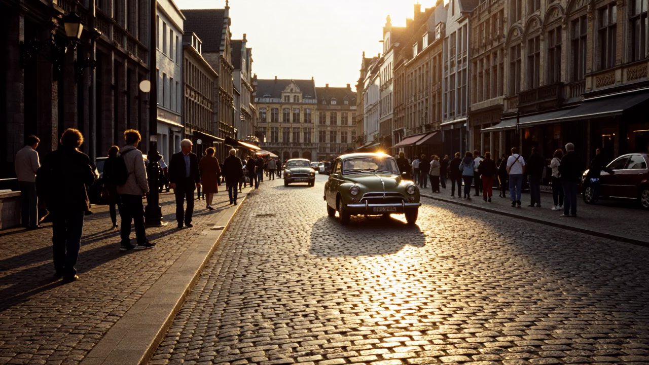 Golden Hour Light on Brussels Cobblestones with Vintage Car Rally and Local Street Scene in in Brussels, Belgium