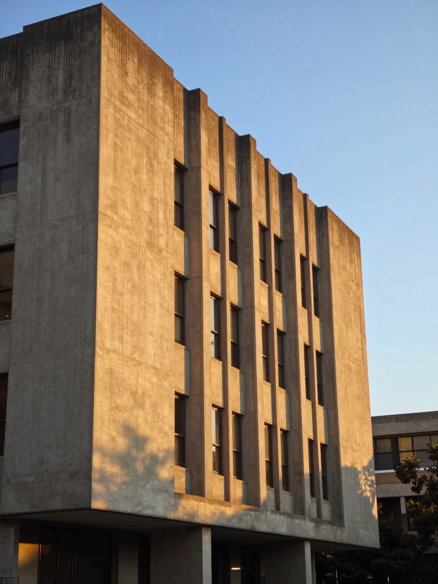 Golden Hour Light on Brutalist Concrete University Building in Austin Texas in in Austin, Texas, United States