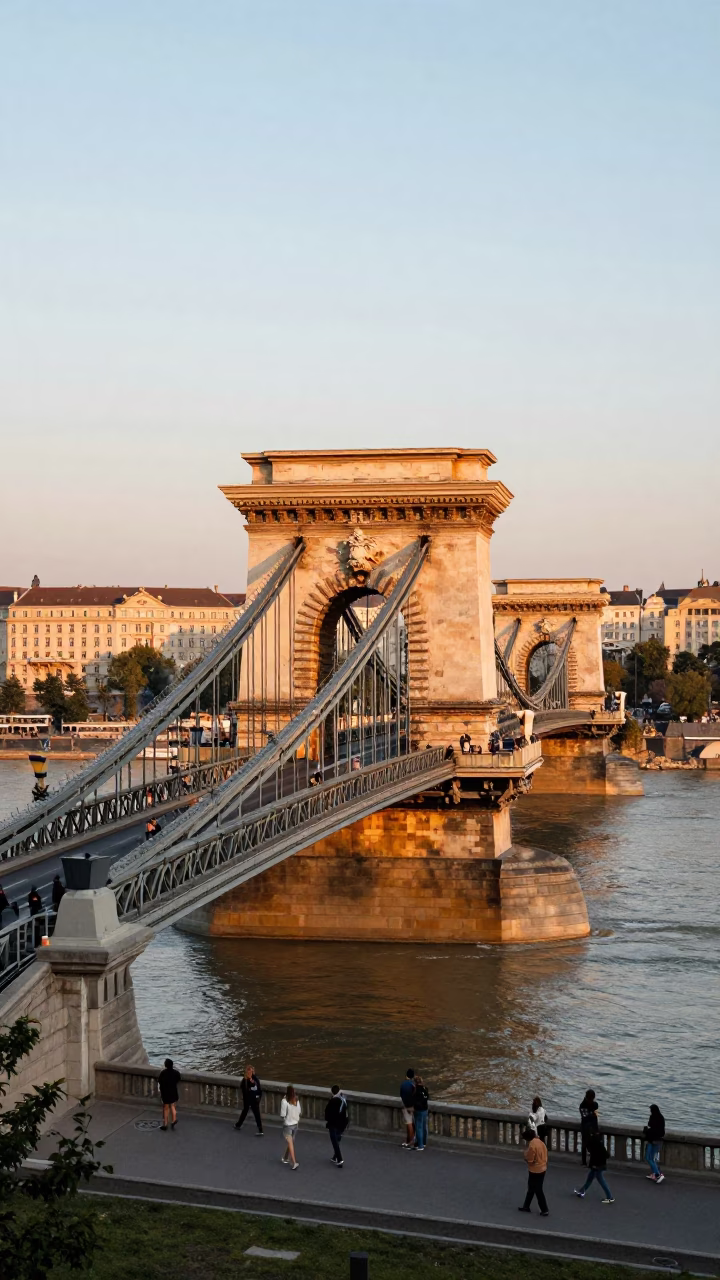 Golden Hour Light on Budapest Chain Bridge and Danube River Promenade in in Budapest, Hungary