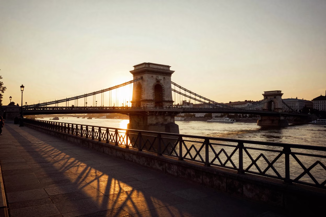 Golden Hour Light on Budapest Chain Bridge and Danube Riverbank in in Budapest, Hungary