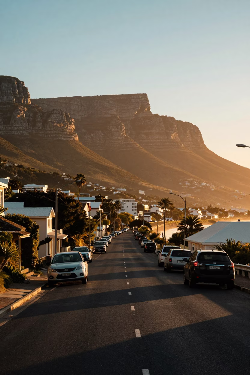 Golden Hour Light on Cape Town Table Mountain and Coastal Street Life in in Cape Town, South Africa