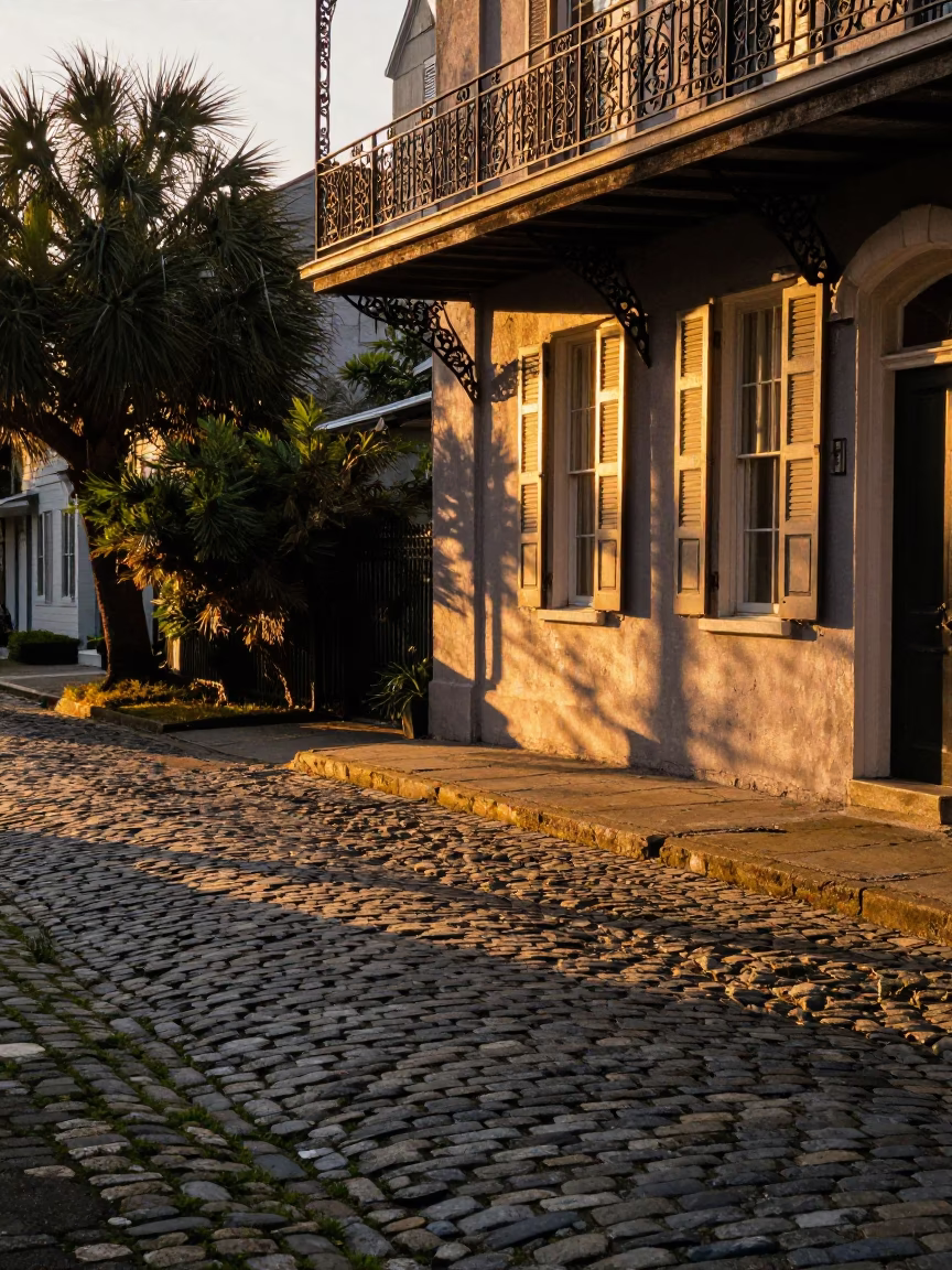 Golden Hour Light on Charleston Cobblestones with Seagrass and Historic Architecture in in Charleston, South Carolina, United States