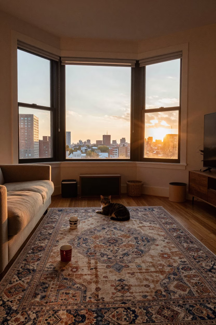 Golden Hour Light on Chicago Apartment Interior with Cat and Mugs in in Chicago, Illinois, United States