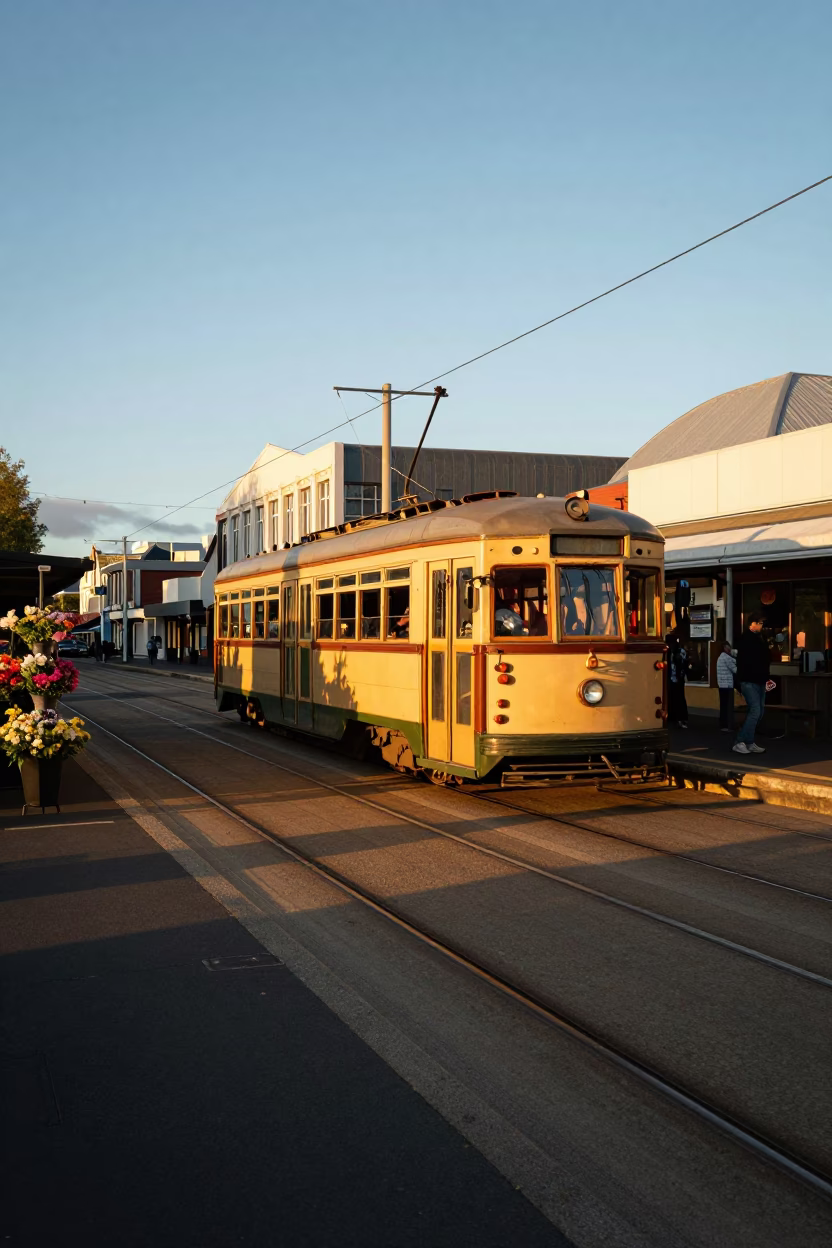 Golden Hour Light on Christchurch Tram Stop and Flower Market Street Scene in in Christchurch, New Zealand