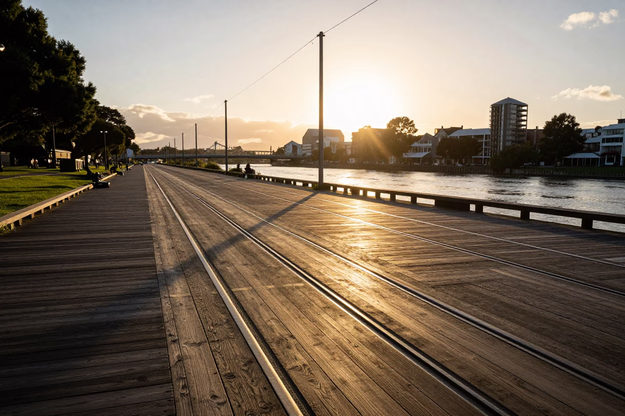 Golden Hour Light on Christchurch Tramway and River Avon Water Rings in in Christchurch, New Zealand