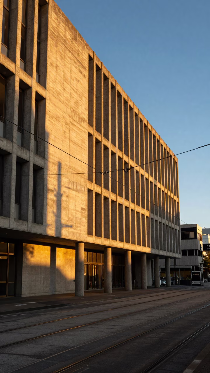 Golden Hour Light on Christchurch Tramway Tracks and Concrete Brutalist Architecture in in Christchurch, New Zealand