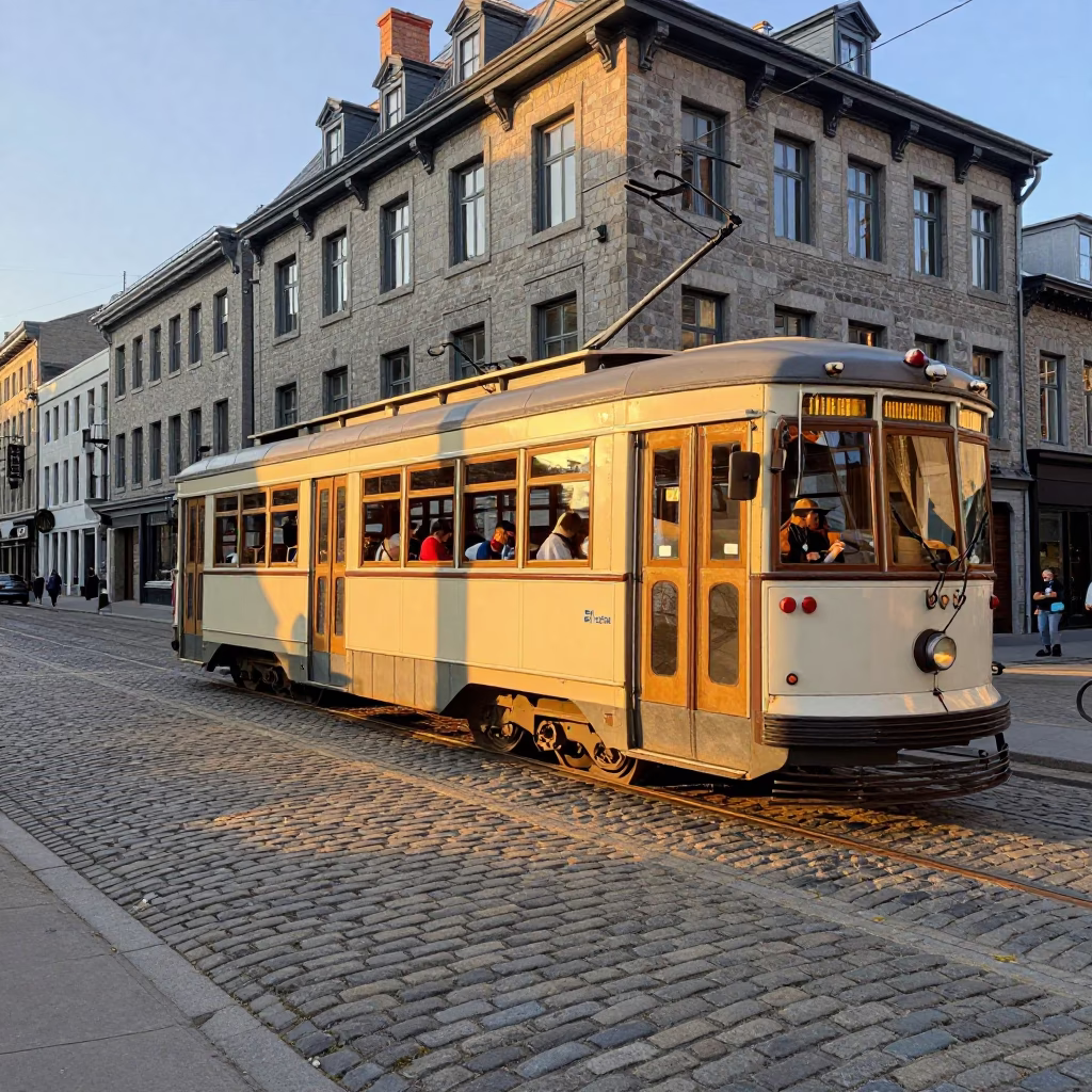 Golden Hour Light on Cobblestone Street with Heritage Tram in Montreal Quebec Canada in in Montreal, Quebec, Canada