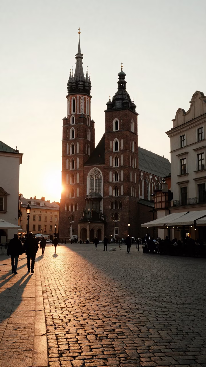 Golden Hour Light on Cobblestone Streets of Krakow Old Town Poland in in Krakow, Poland