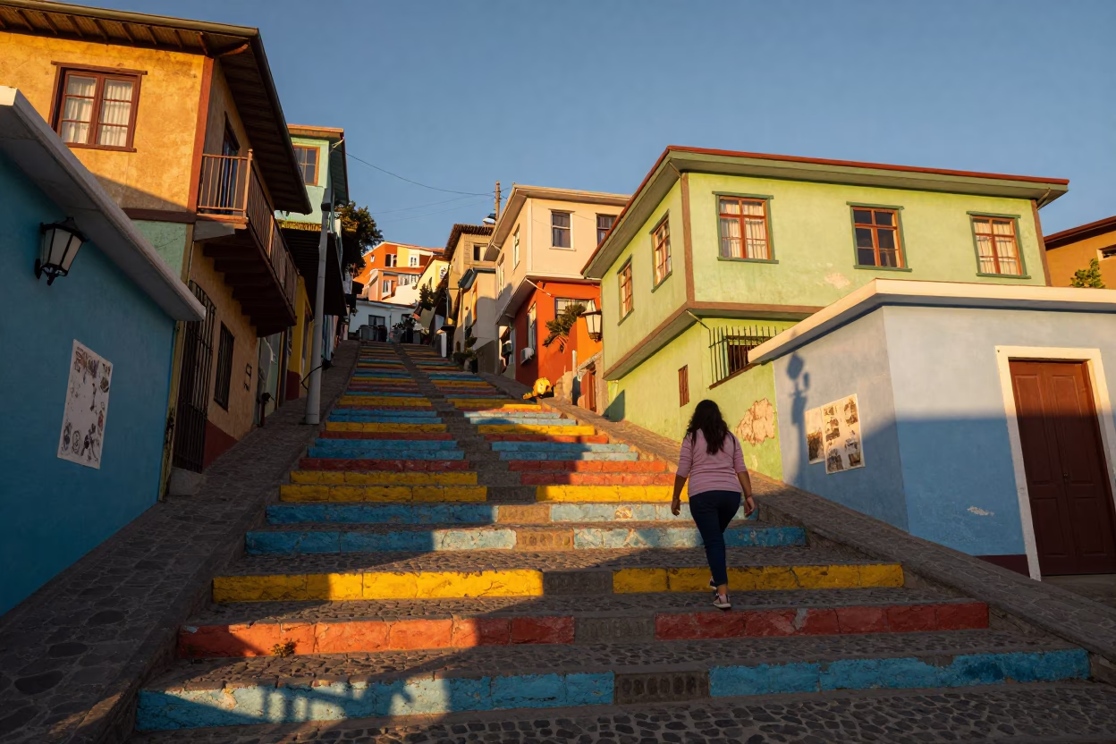 Golden Hour Light on Colorful Valparaiso Steps with Local Street Scene in in Valparaiso, Chile