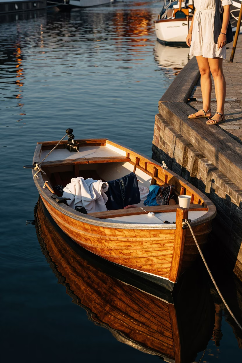 Golden hour light on Copenhagen canal boat with laundry and coffee cup in in Copenhagen, Denmark