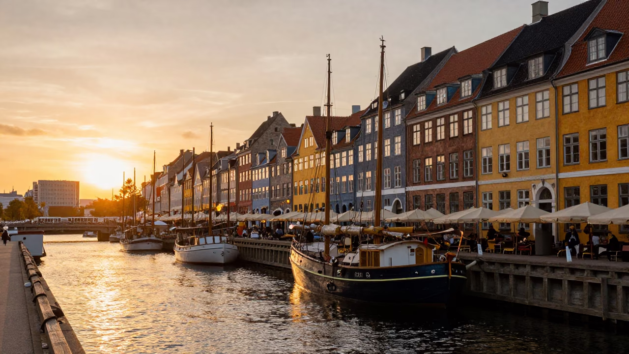 Golden Hour Light on Copenhagen Canal Houseboats and Autumn Willows in in Copenhagen, Denmark