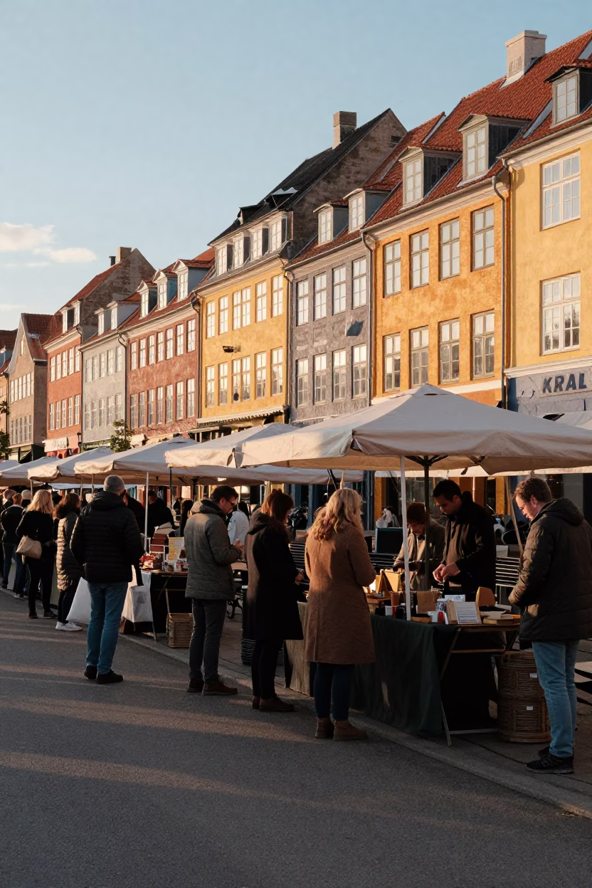 Golden Hour Light on Copenhagen Street Corner Market Stalls in in Copenhagen, Denmark