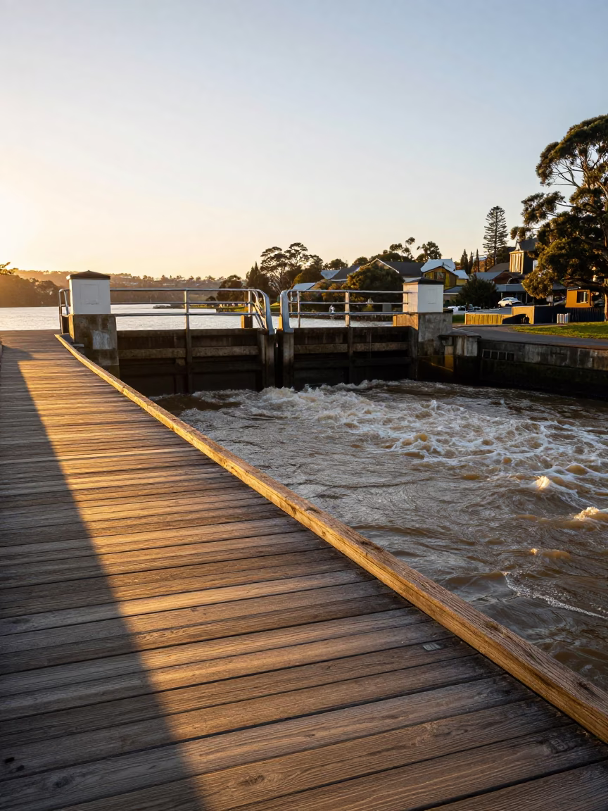 Golden Hour Light on Derwent River Sluice Gate Walkway in Hobart Tasmania in in Hobart, Tasmania, Australia
