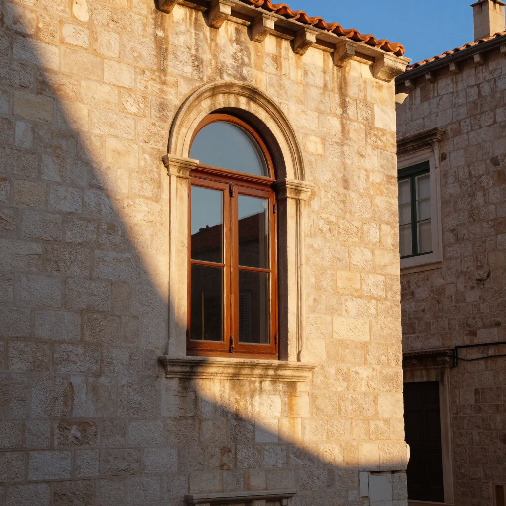 Golden Hour Light on Dubrovnik Plaster Walls and Olive Wood Details in in Dubrovnik, Croatia