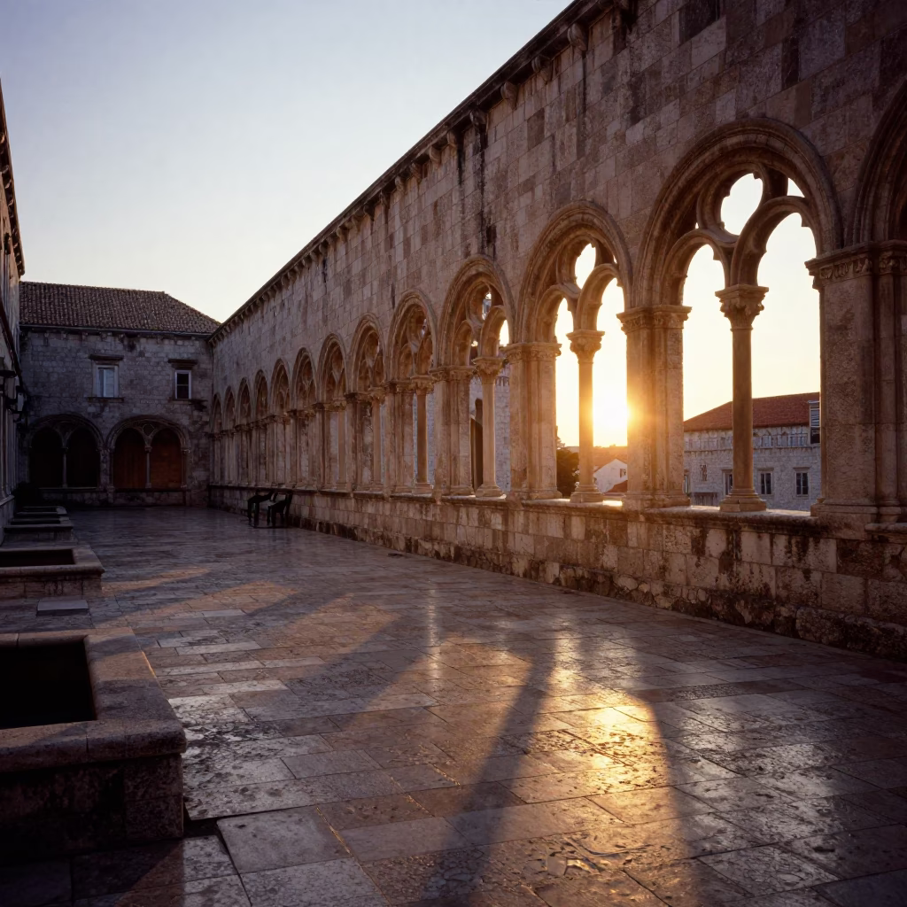 Golden Hour Light on Dubrovnik University Cloister Stone Walkway in in Dubrovnik, Croatia