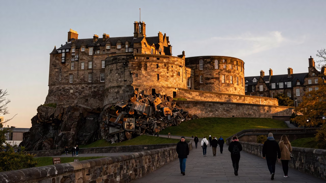 Golden Hour Light on Edinburgh Castle Rocks with Pedestrians and Historic Stone Architecture in in Edinburgh, United Kingdom
