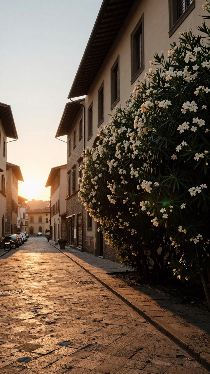 Golden Hour Light on Florence Street with Oleander Hedge and Local Dining in in Florence, Italy