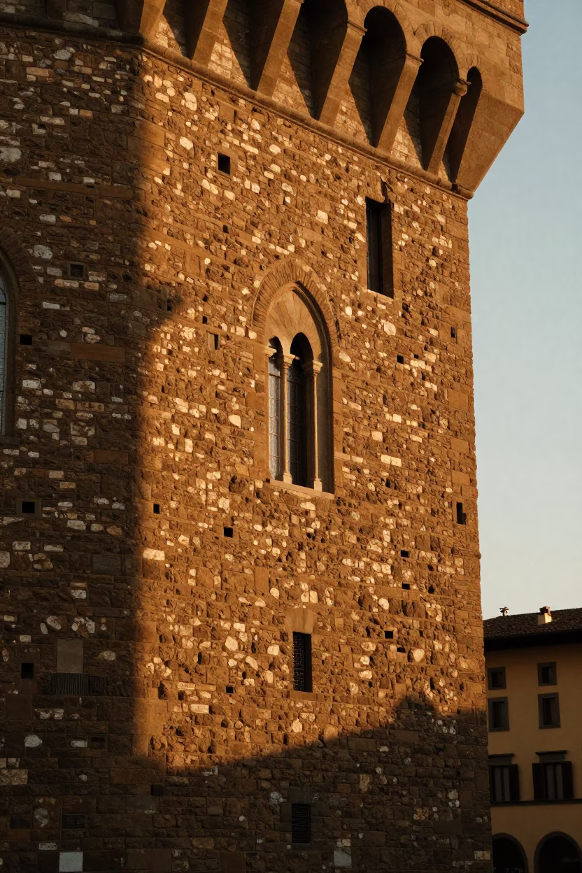 Golden Hour Light on Florentine Stone Facade with Brushed Steel Handle and Pomegranate Detail in in Florence, Italy