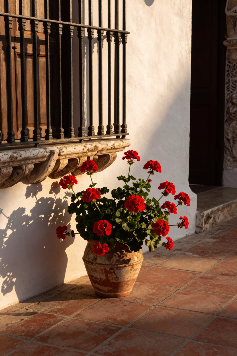 Golden hour light on geraniums and tiled floor in Cartagena in in Cartagena, Colombia