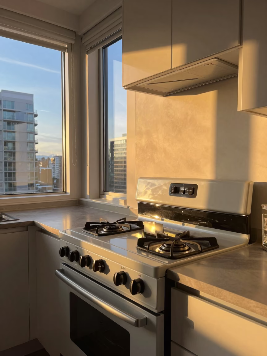 Golden Hour Light on Glossy Enamel Surfaces in Vancouver Kitchen in in Vancouver, British Columbia, Canada