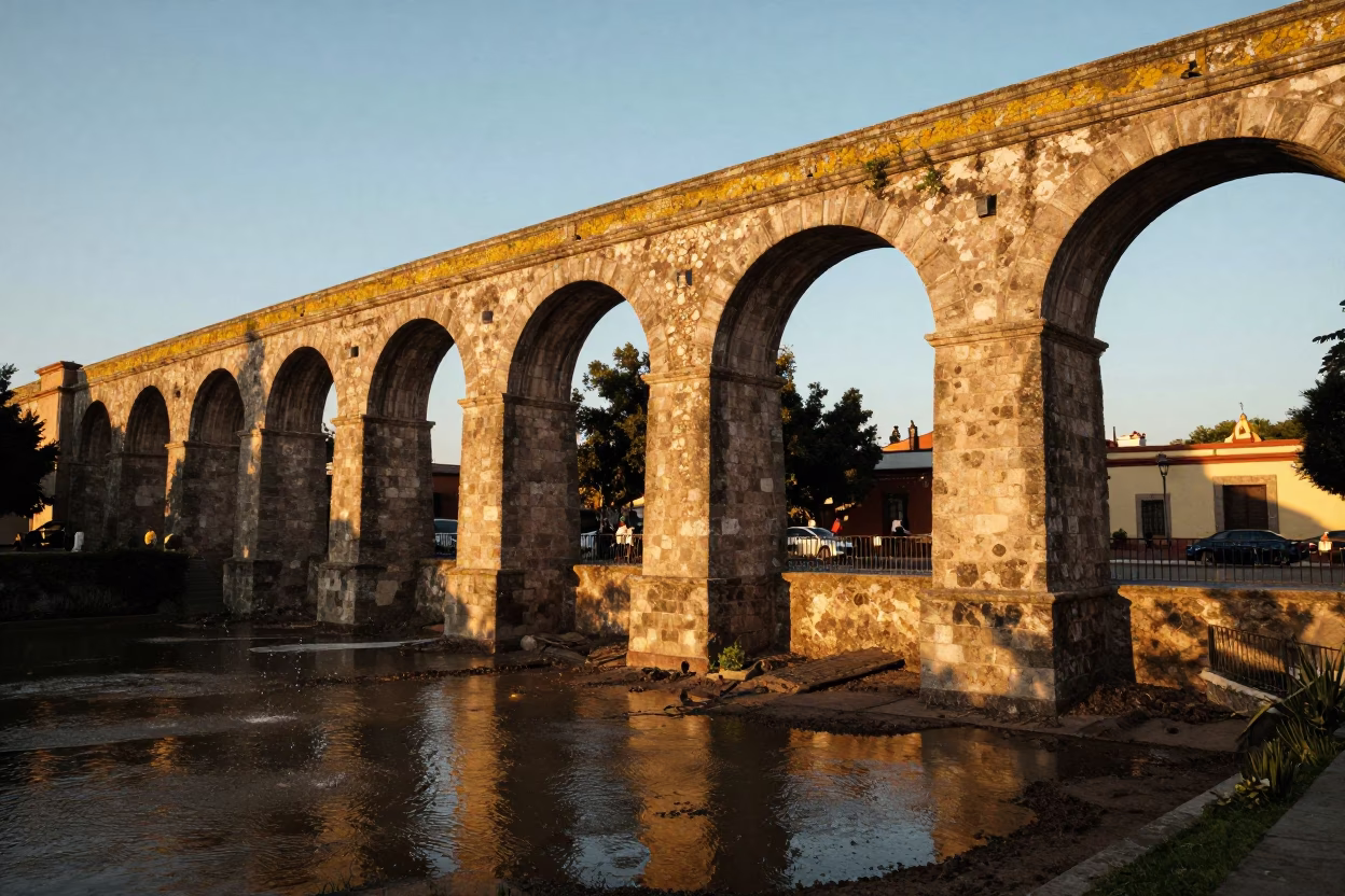 Golden Hour Light on Guadalajara Aqueduct Parapets and Street Life in in Guadalajara, Mexico