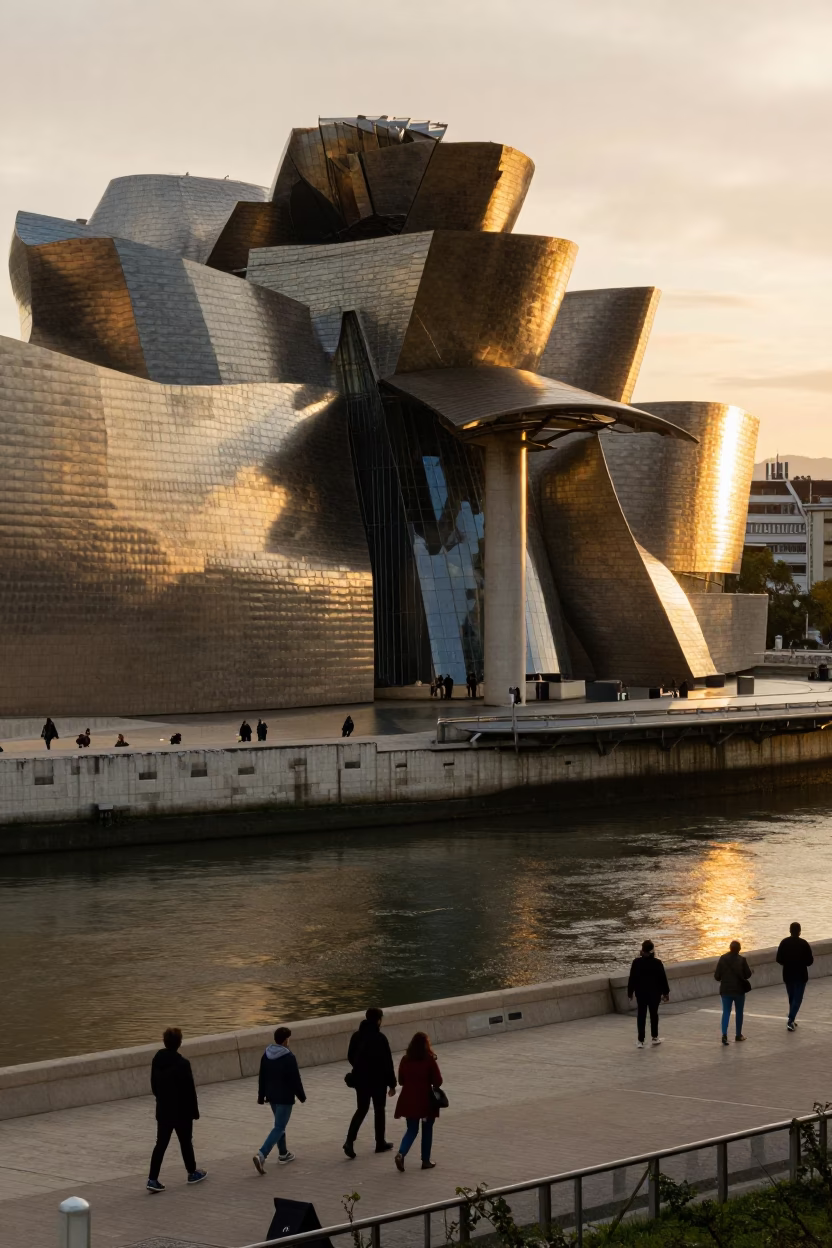 Golden Hour Light on Guggenheim Bilbao Architecture and Street Scene in in Bilbao, Spain