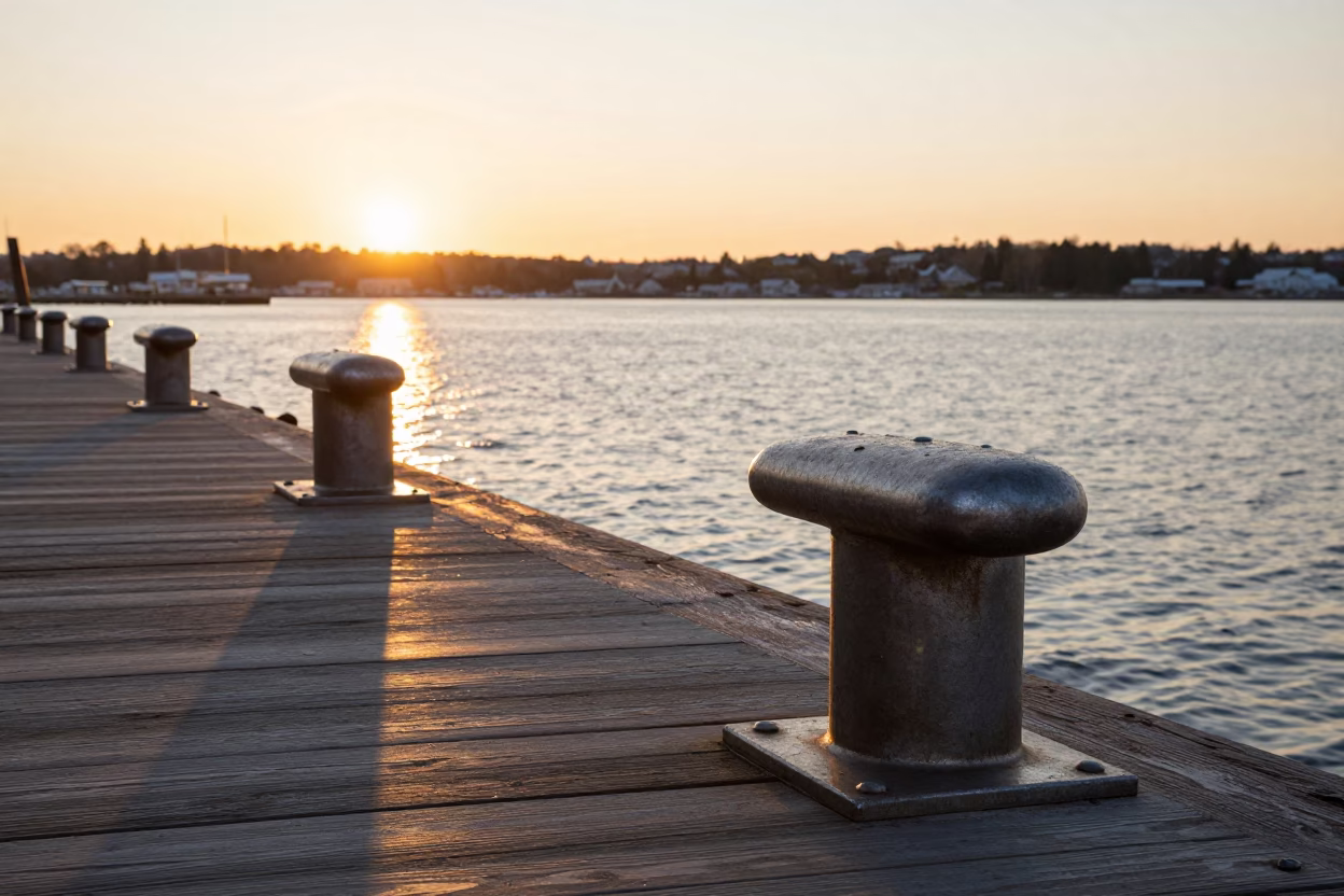 Golden Hour Light on Halifax Waterfront Boardwalk with Steel Bollards and Harbor Views in in Halifax, Nova Scotia, Canada