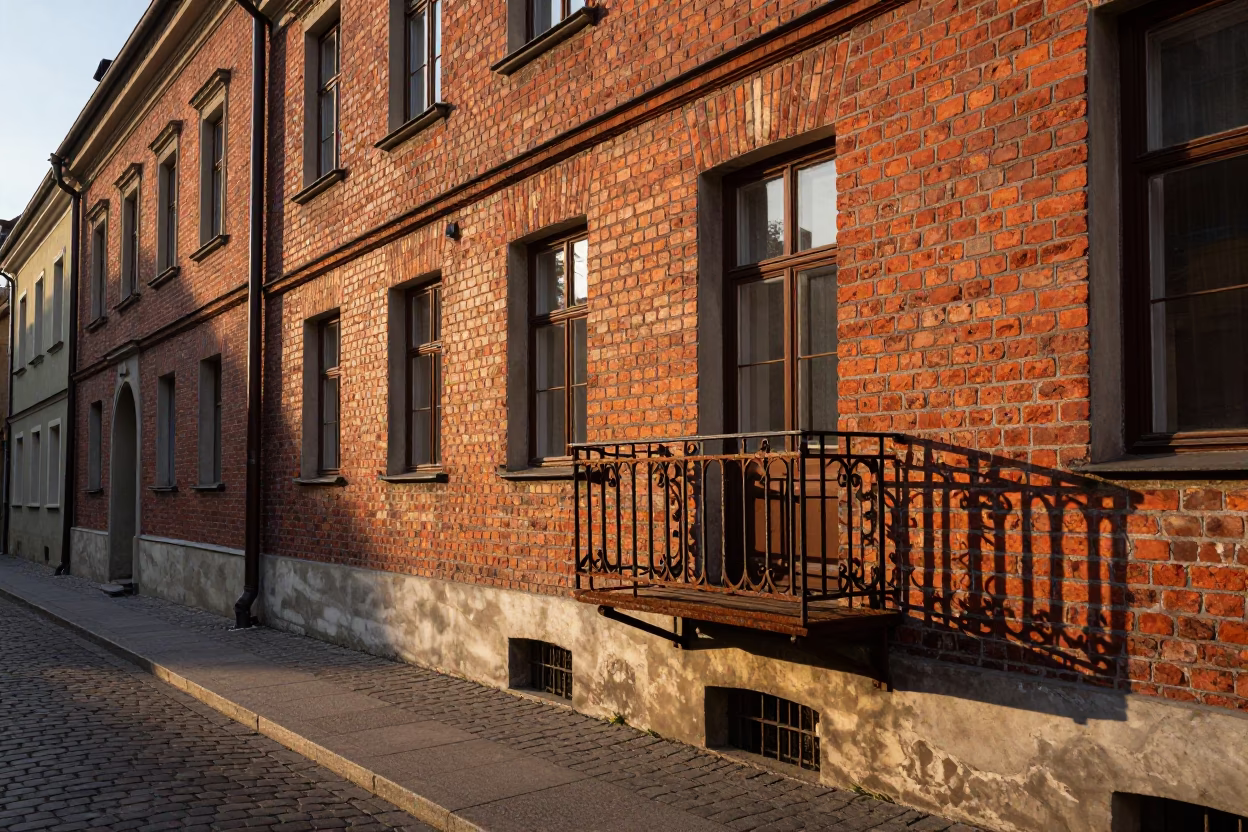 Golden Hour Light on Historic Brickwork and Street Details in Krakow Poland in in Krakow, Poland