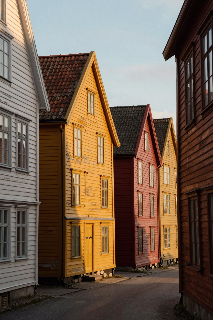 Golden Hour Light on Historic Bryghan Wharf Wooden Buildings in Bergen Norway in in Bergen, Norway