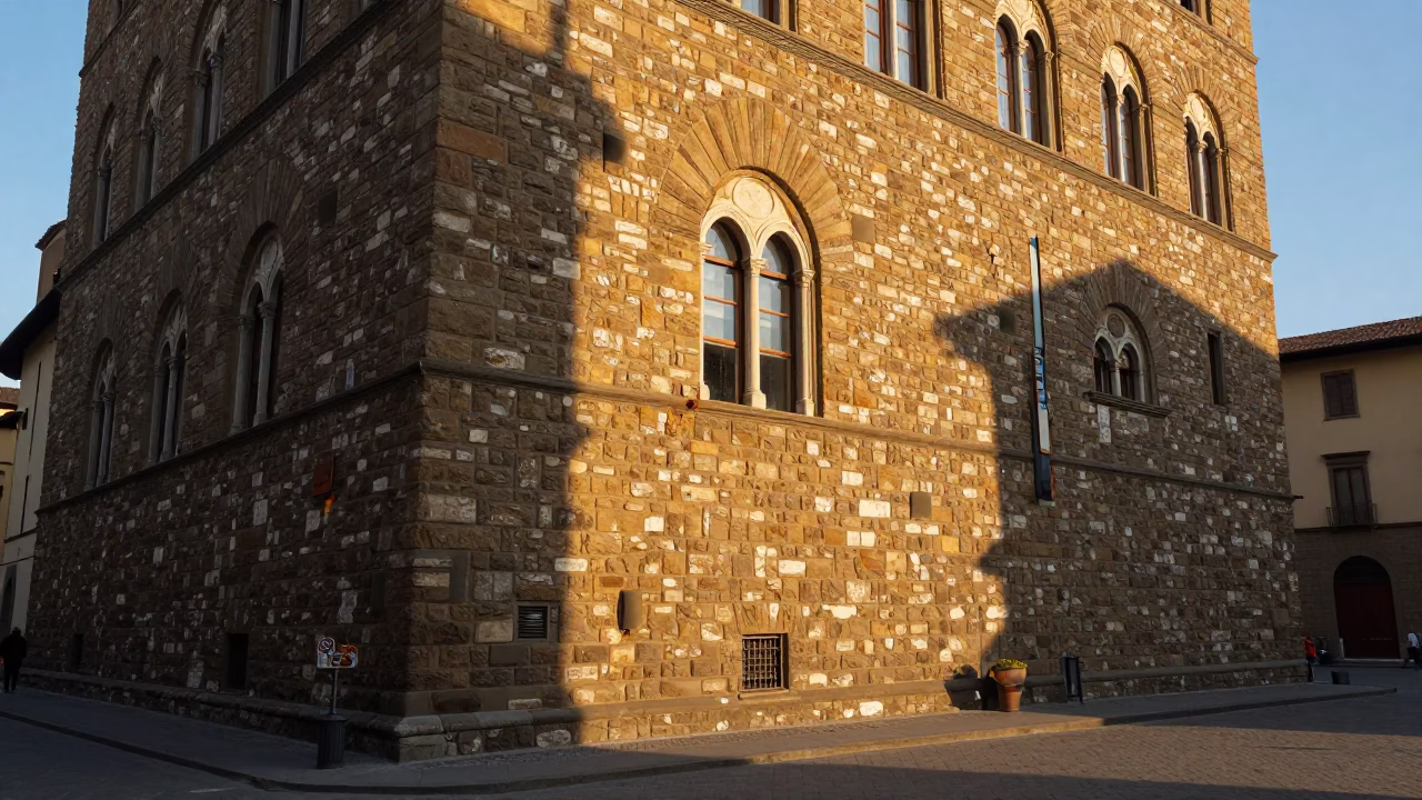 Golden Hour Light on Historic Stone in Florence Italy with Blue and White Porcelain in in Florence, Italy