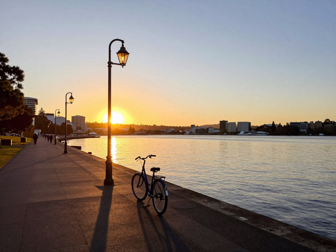 Golden Hour Light on Hobart Waterfront with Bicycle and Lantern Alley in in Hobart, Tasmania, Australia
