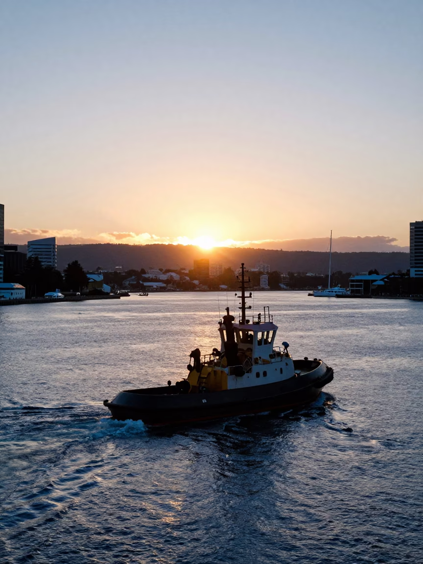 Golden Hour Light on Hobart Waterfront with Tugboat and Harbor Activity in in Hobart, Tasmania, Australia
