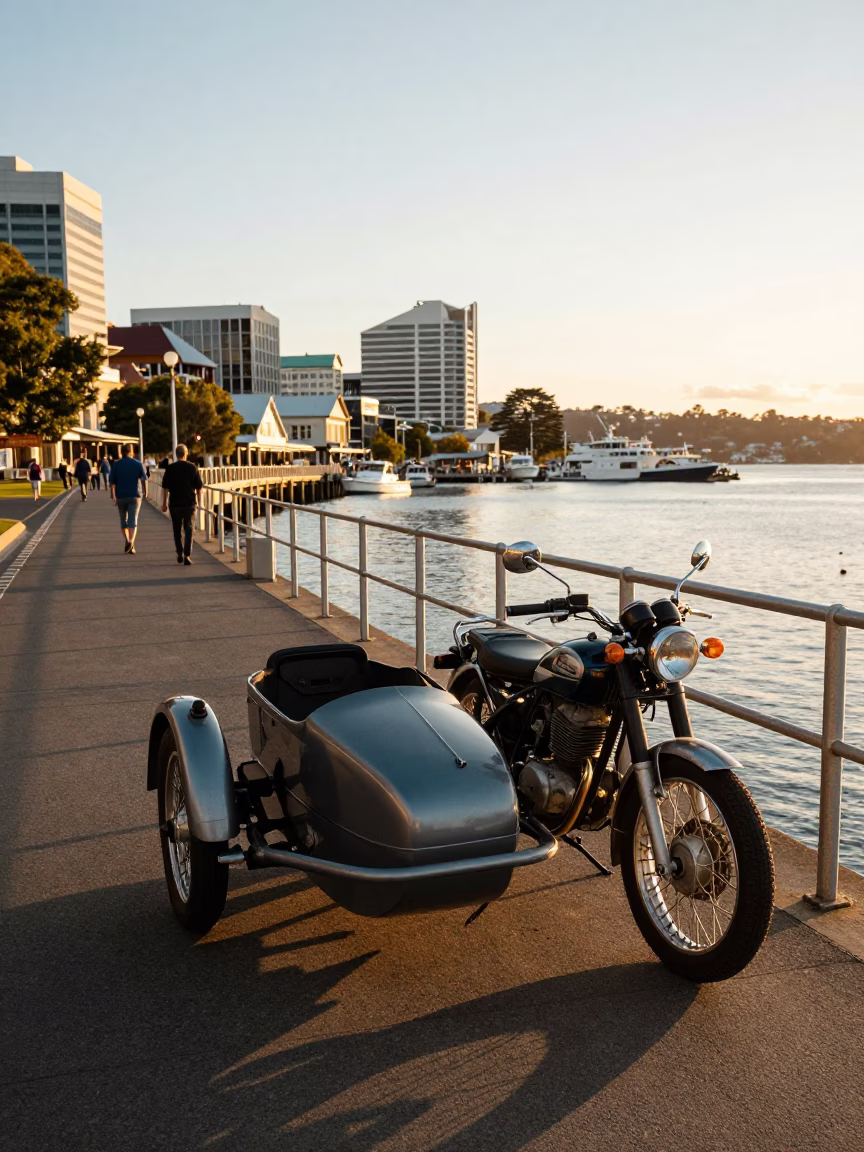 Golden Hour Light on Hobart Waterfront with Vintage Motorcycle Sidecar and Waterfront Activity in in Hobart, Tasmania, Australia