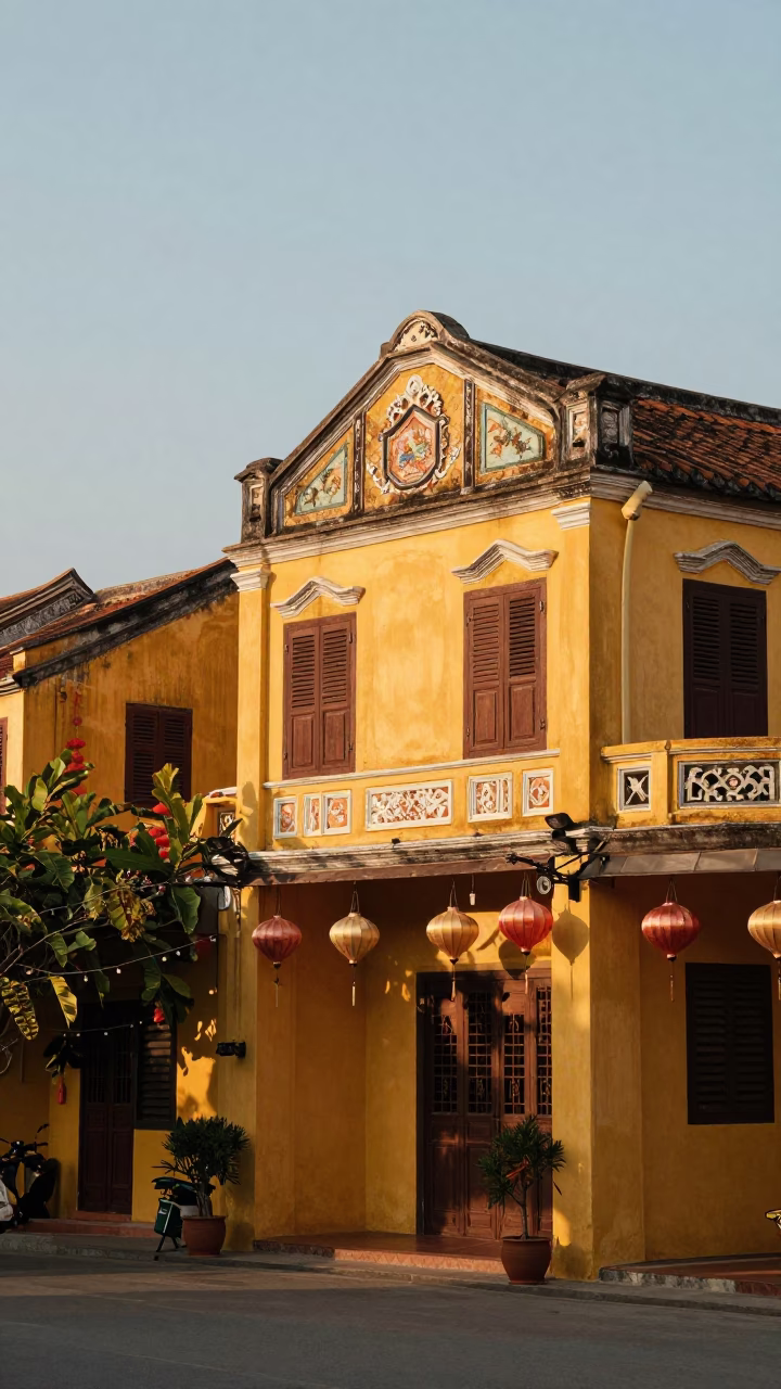 Golden Hour Light on Hoi An Ancient Town Street with Lanterns and Local Life in in Hoi An, Vietnam