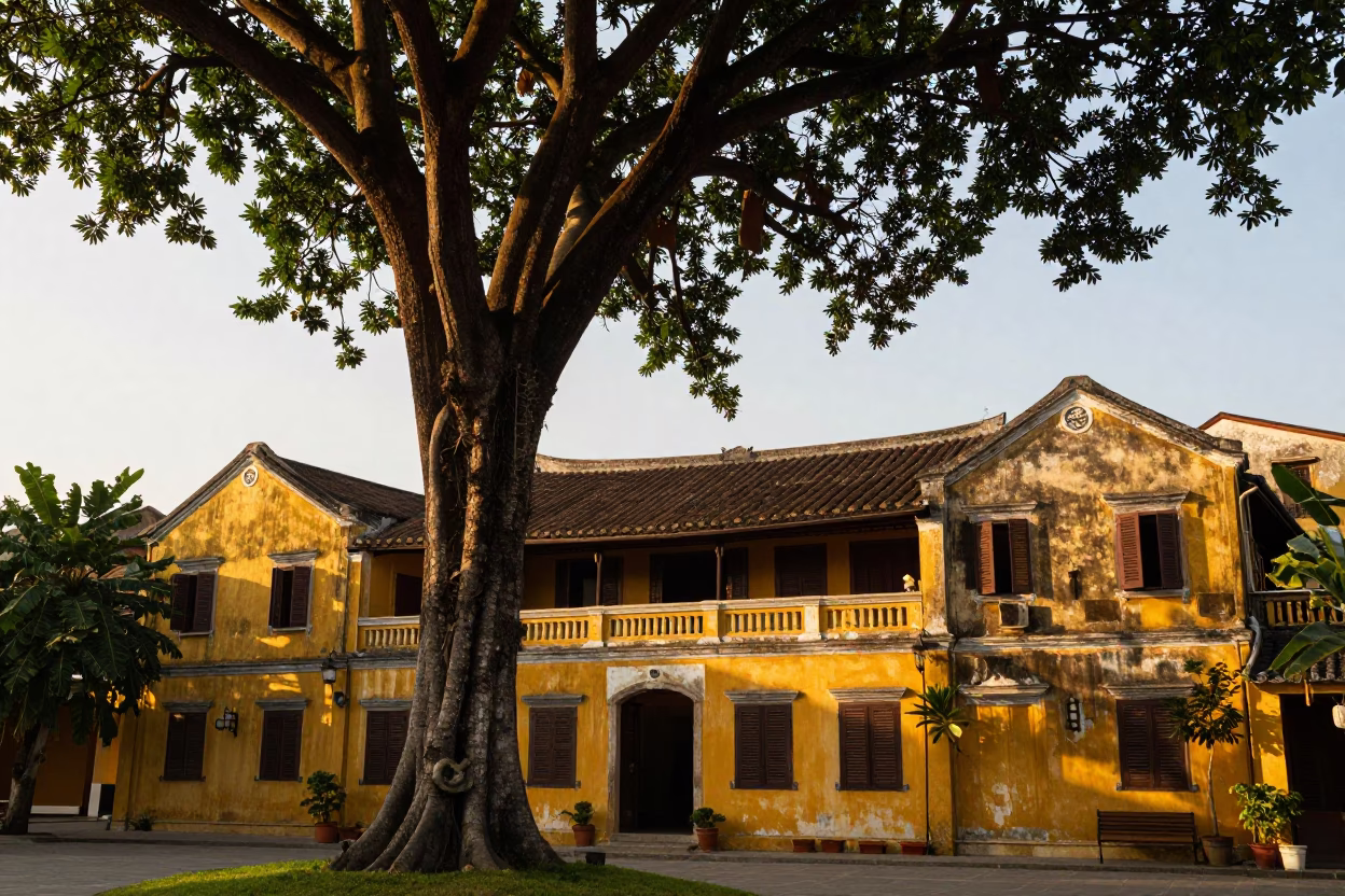 Golden Hour Light on Hoi An Ancient Town Yellow Buildings and Banyan Trees in in Hoi An, Vietnam