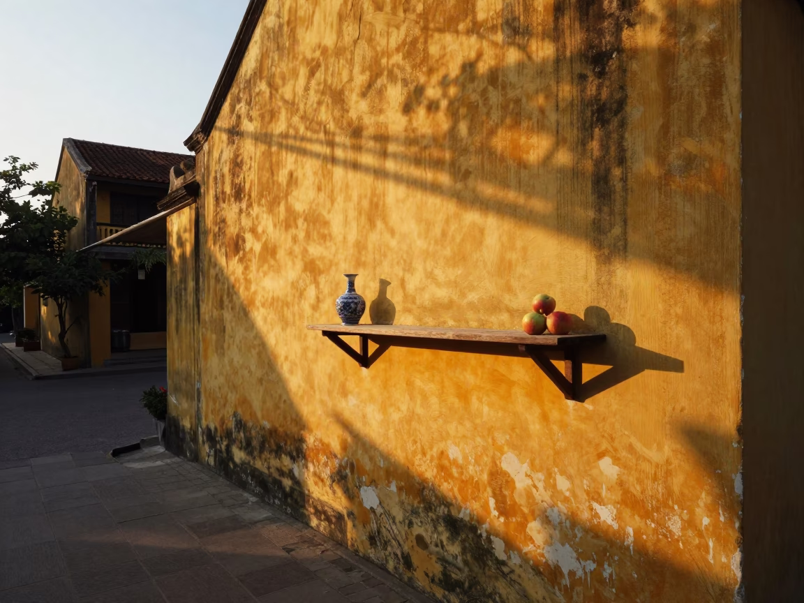 Golden Hour Light on Hoi An Canal with Blue Porcelain and Apples in in Hoi An, Vietnam