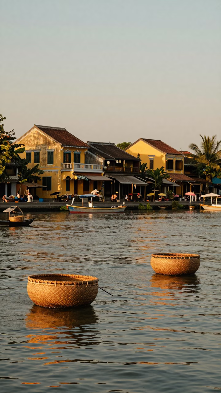 Golden hour light on Hoi An riverside woven baskets and rippling water in in Hoi An, Vietnam