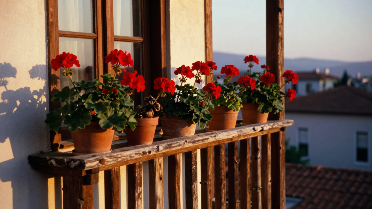 Golden hour light on Izmir balcony with potted geraniums and wood grain in in Izmir, Turkey