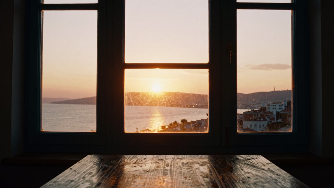 Golden Hour Light on Izmir Window Glass and Tabletop Shadows in in Izmir, Turkey