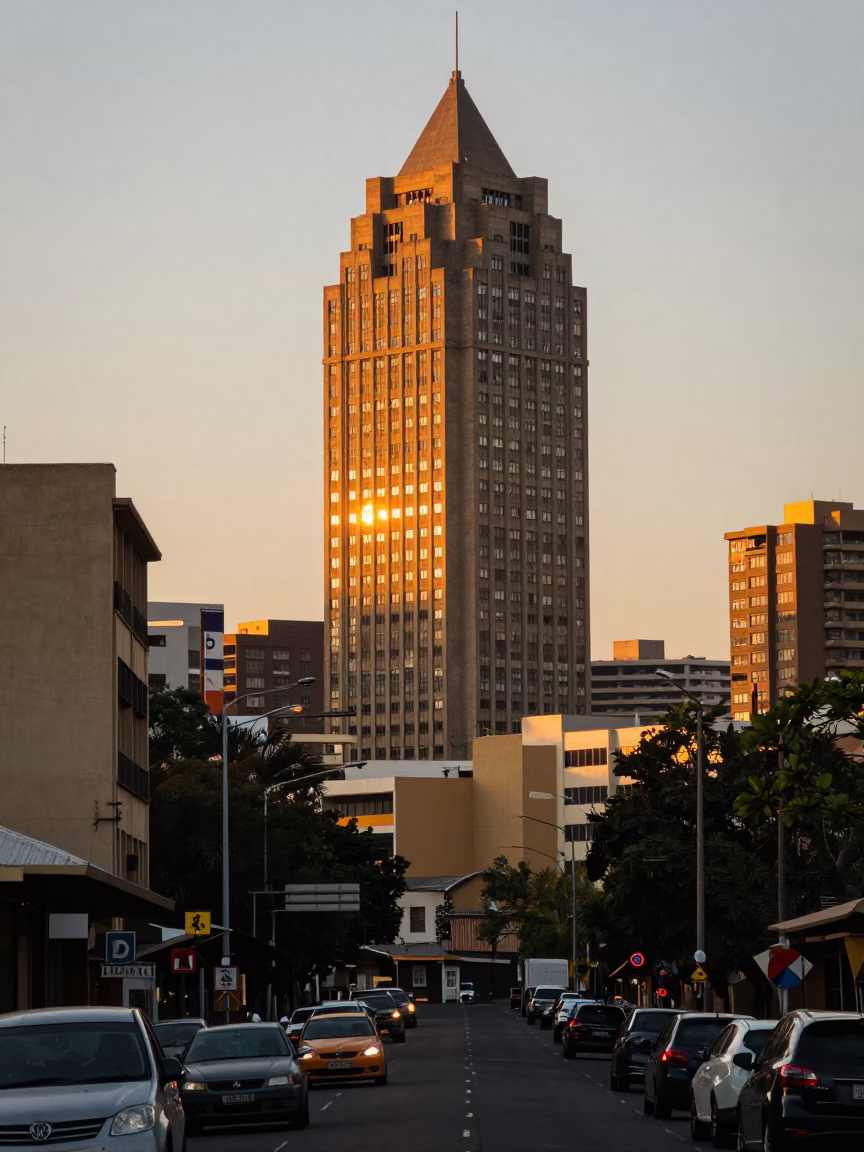 Golden Hour Light on Johannesburg Hillbrow Towers and City Street Scene in in Johannesburg, South Africa