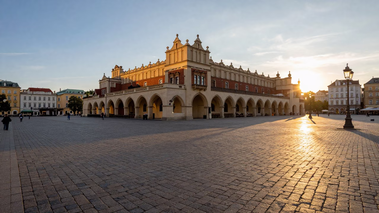 Golden Hour Light on Krakow Main Market Square Cobblestones with Historical Sukiennice Facade in in Krakow, Poland
