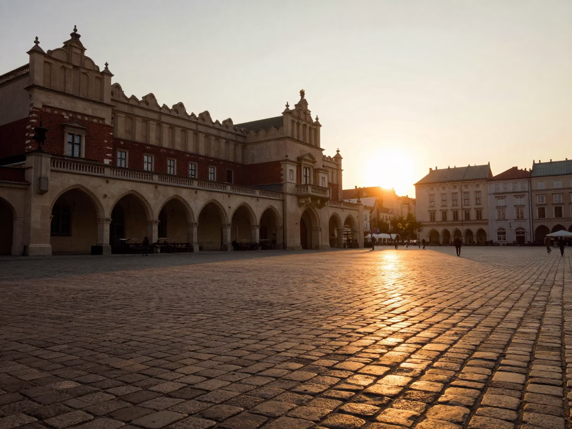 Golden Hour Light on Krakow Market Square Cobblestones with Vintage Tram and Historic Architecture in in Krakow, Poland