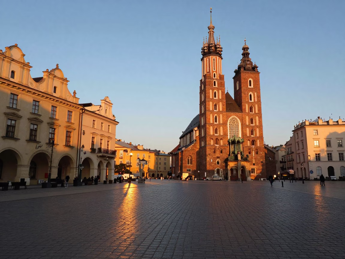 Golden Hour Light on Krakow's Old Town Cobblestones and Baroque Architecture in in Krakow, Poland