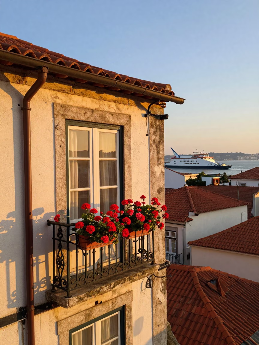 Golden Hour Light on Lisbon Rooftops with Window Boxes and Ferry Traffic in in Lisbon, Portugal