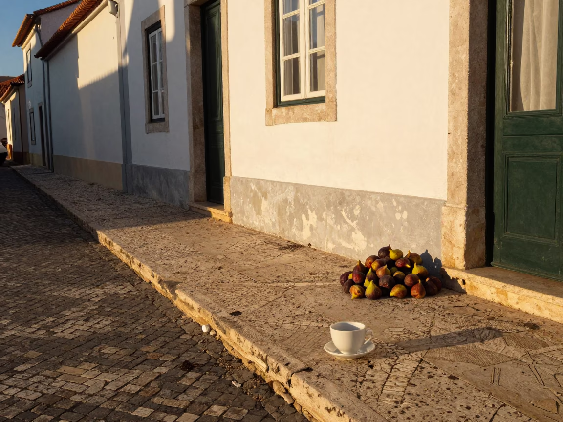 Golden Hour Light on Lisbon Street with Ceramic Cup and Figs in in Lisbon, Portugal