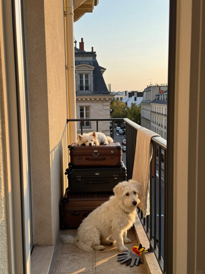 Golden Hour Light on Lyon Balcony with White Dog and Travel Luggage in in Lyon, France