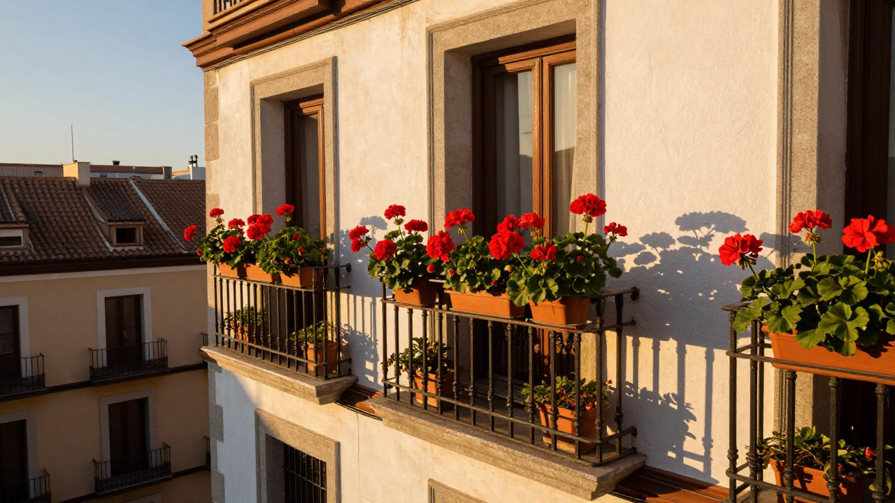 Golden Hour Light on Madrid Balcony with Potted Geraniums and City Views in in Madrid, Spain